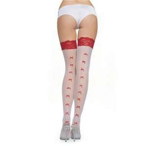   Sheer Lace Top Stockings with Mini Satin Bow Backseam: Toys & Games
