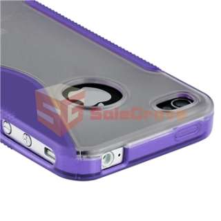 Screen Shield+Purple S Shape Rubber TPU Soft Case Skin For iPhone 4G 