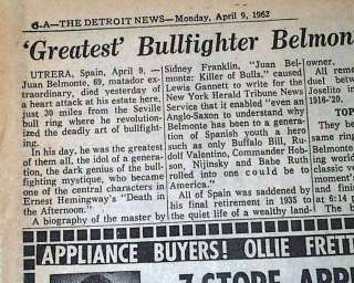 JUAN BELMONTE Matador Bullfighting suicide DEATH 1962 Newspaper  
