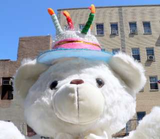 JUMBO 42 WHITE TEDDY BEAR WEARING BIRTHDAY CAKE HAT  