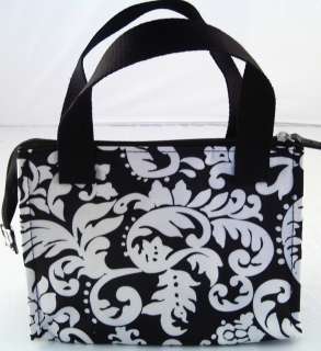   Lunch Bag Tote Cooler Sack~Black and White Damask Pattern Cosmetic Bag