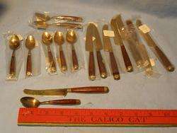 Vintage BRASS wTEAK Inlay DEMITASSE SPOONS & knives  