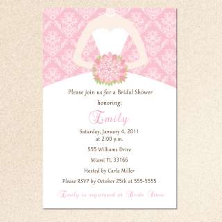   Pink White Damask Bridal Shower Invitations Spring Summer Dress  