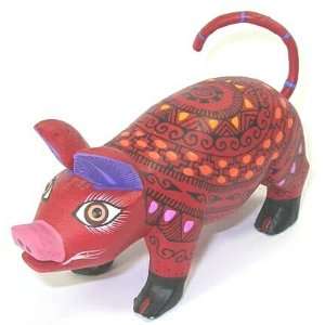  Red Multi Color Piggy Oaxacan Wood Carving 5 Inch