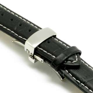 20mm Steel Butterfly Clasp Leather watch Strap Band B/W  