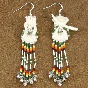 Green Beaded Buckskin Navajo Medicine Bag Earrings by Veronica Begay 