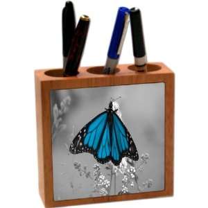 Rikki KnightTM Neon Blue Butterfly 5 Inch Tile Maple Finished Wooden 