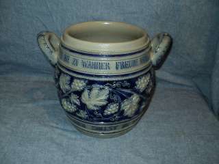 Vintage German Salt Glazed Stoneware Pottery Cobalt Crock w/ Grapes 