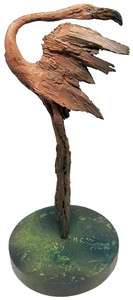   Original Flamingo Wood Carving Sculpture Rick Cain Statue Signed Art