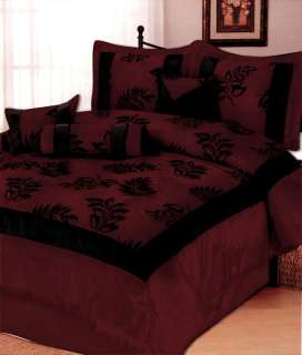 Pc Burgundy/Black Flocking Floral Comforter Set Queen  