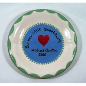    Blue and Green Hand Painted Ceramic Birth Plate: Kitchen & Dining