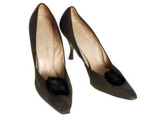 Vintage Black Peau De Soie SIlk Pumps 3.5  Stiletto Heels 1950S 