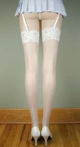 SHEER LACE TOP BACK SEAM Stockings WHITE PLUS SIZE  