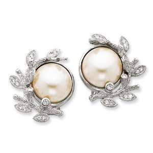  CZ Simulated Pearl Clip back Earrings in Sterling Silver 