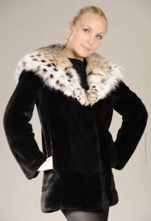 Sheared plucked black mink fur coat jacket with lynx hood hoodie ALL 