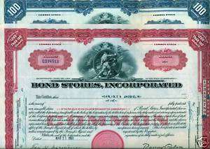 Bond Stores Incorporated 2 Color Stock Certificate Set  