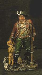   tall polystone pirate figure, with one leg and crutch, dog at side