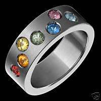 Titanium & Rainbow Colored Sapphires Wedding Band Rings  