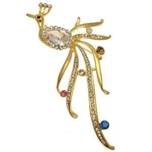 Acosta Brooches   Gold Tone with CZ Crystal   Floating Peacock Bird 