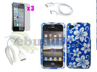 for Apple iPhone 4S 4 4G 6 Accessory Bundle Blue Hawaii Flower Case 