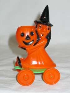 Vintage Plastic E Rosen Rosbro Halloween Witch On Wheel  