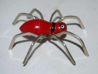 Vintage Red Whimsical Wood Spider Pin W/ Stand Up Legs  