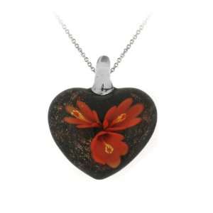   Heart Glass and Orange Pressed Flower Pendant Necklace, 18 Jewelry