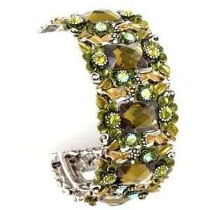  Green Flower and Crystal Cuff Bangle Bracelet: Jewelry