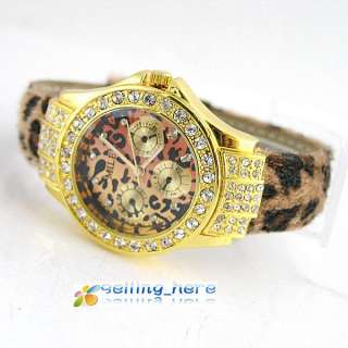 Fashion Crystal Gemstone Leopard Decorated Ladys Wrist Watch New Gold 