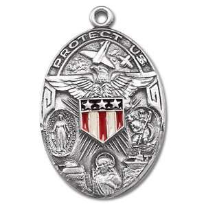 Sterling Silver Religious Medal Oval Military 3 Way w/Epoxy Shield 
