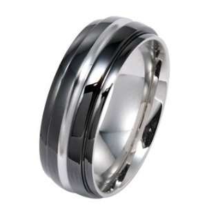  High Polished Black Stainless Steel Ring With Silver Line 