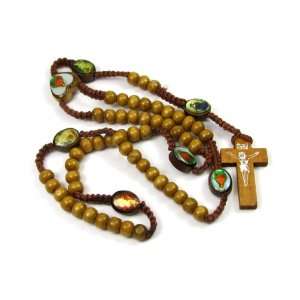  Wood Bead Rosary with Enameled Pictures of Saints Jewelry