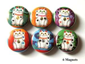 Maneki Neko Lucky Cat 1 Pins or Magnets Set of 6 Retro  
