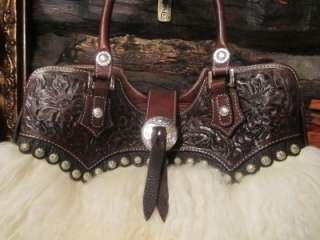 Montana Silversmiths~Western Hand Tooled Leather~Conchos~Wooly Handbag 