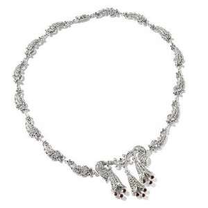   Sterling Silver 18.5 Garnet & Marcasite Flower Drop Necklace Jewelry