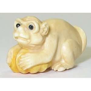  Monkey with Fruit   Mammoth Ivory Mini Netsuke