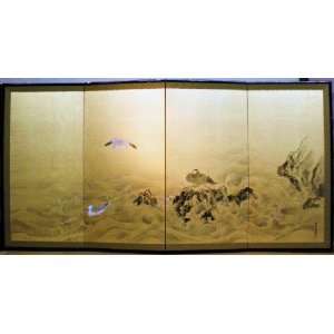   Sanjin Japanese Folding Screen; Waves and Birds