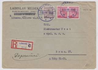 Czechoslovakia Liberec to Brno 1945 Registered Cover. Make multiple 
