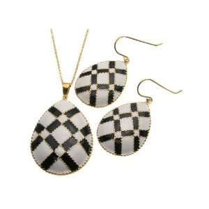   Brass Pendant & Earring Sets Brass Black And White Enamel Set Jewelry