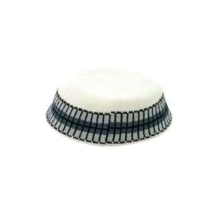  23 Centimeter Knitted DMC Kippah with Blue, Black and Grey 