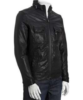 Kenneth Cole New York black leather standing collar zip front jacket 