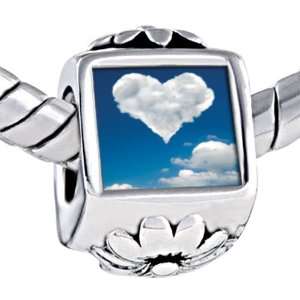 White Clouds Heart In Blue Sky Against Flower Beads Fits Pandora Charm 