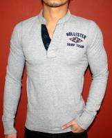 NEW HOLLISTER HCO MUSCLE SLIM FIT T SHIRT LONG HENLEY MOTO COLLAR GRAY 