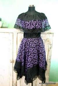 Vintage black Mexican dress with purple and black lace. Handkerchief 
