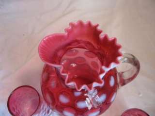 FENTON Cranberry Opalescent Pitcher & Two Glasses  