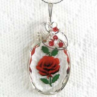 Red Rose Intaglio Crystal Cameo Pendant Sterling Silver  