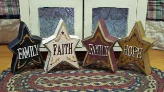 PRIMITIVE WOOD STARS, 4 COLORS, FAMILY, HOPE, FAITH  