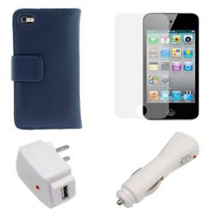  White USB Car Charger + White USB Home Travel Charger + Blue Wallet 