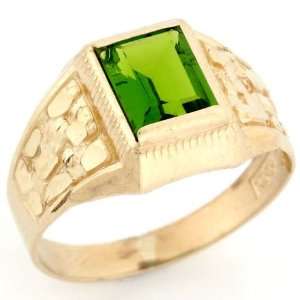   Solid Gold Synthetic Peridot August Birthstone Diamond Cut Nugget Ring