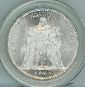 1876 A France PCGS Certified MS64 Silver 5 Franc Hercules Coin Paris 